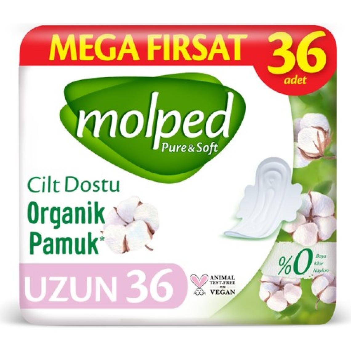 Molped Pure&Soft 36 Adet Organik Pamuklu Hijyenik Ped - Cilt Dostu, Mega Uzun, Boyasız ve Klor İçermeyen Özellikleriyle