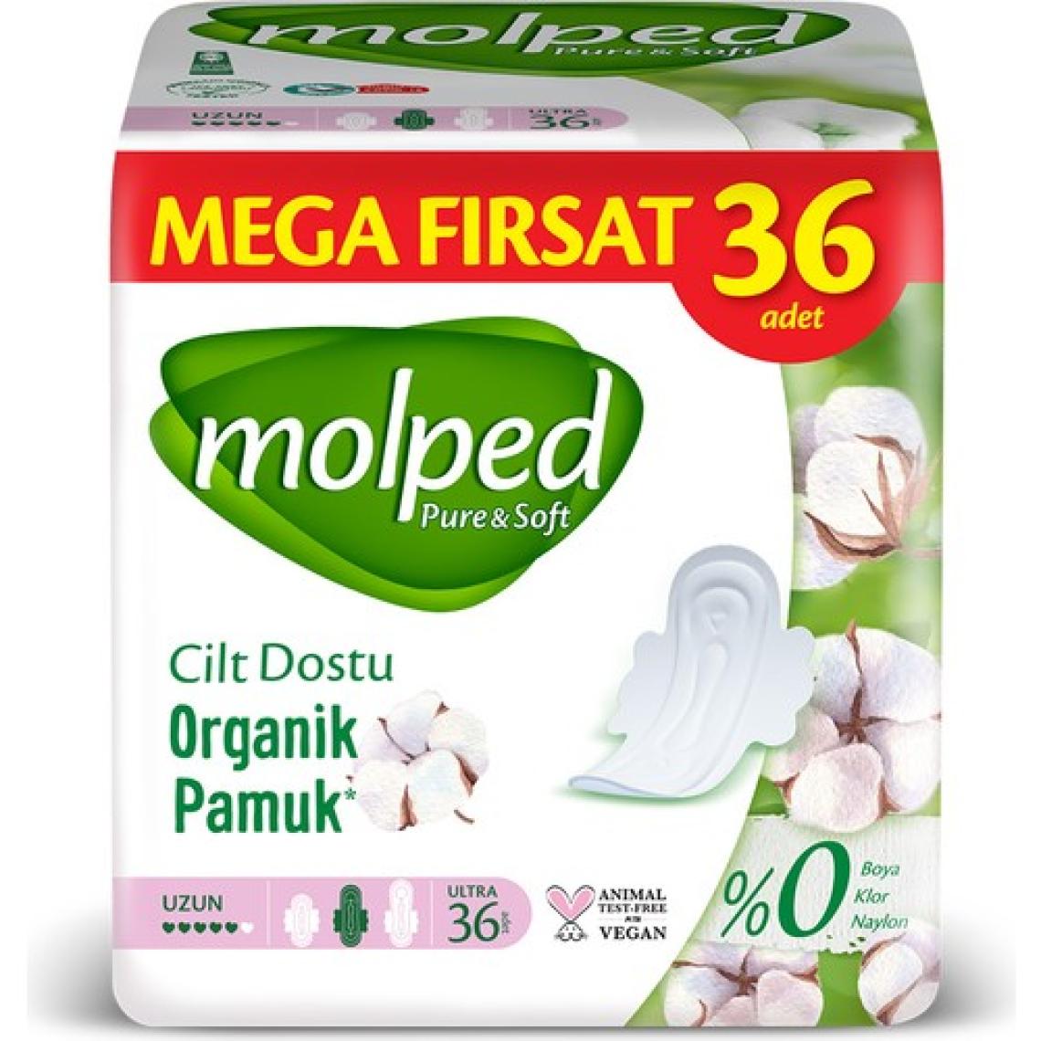 Molped Pure&Soft 36 Adet Organik Pamuklu Hijyenik Ped - Cilt Dostu, Mega Uzun, Boyasız ve Klor İçermeyen Özellikleriyle