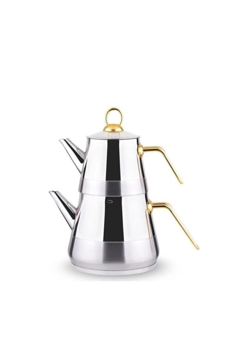 Piramit Altın Metal Kulp Paslanmaz Çelik Çaydanlık Orta Boy - Demlik 1 Litre Suluk 2 Litre