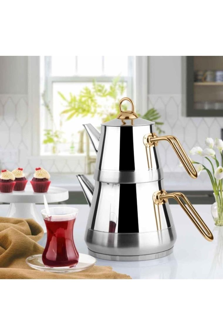Piramit Altın Metal Kulp Paslanmaz Çelik Çaydanlık Orta Boy - Demlik 1 Litre Suluk 2 Litre