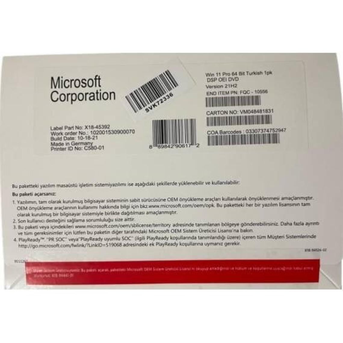 Microsoft Windows 11 Pro 64 Bit Oem DVD Kutu FQC-10556