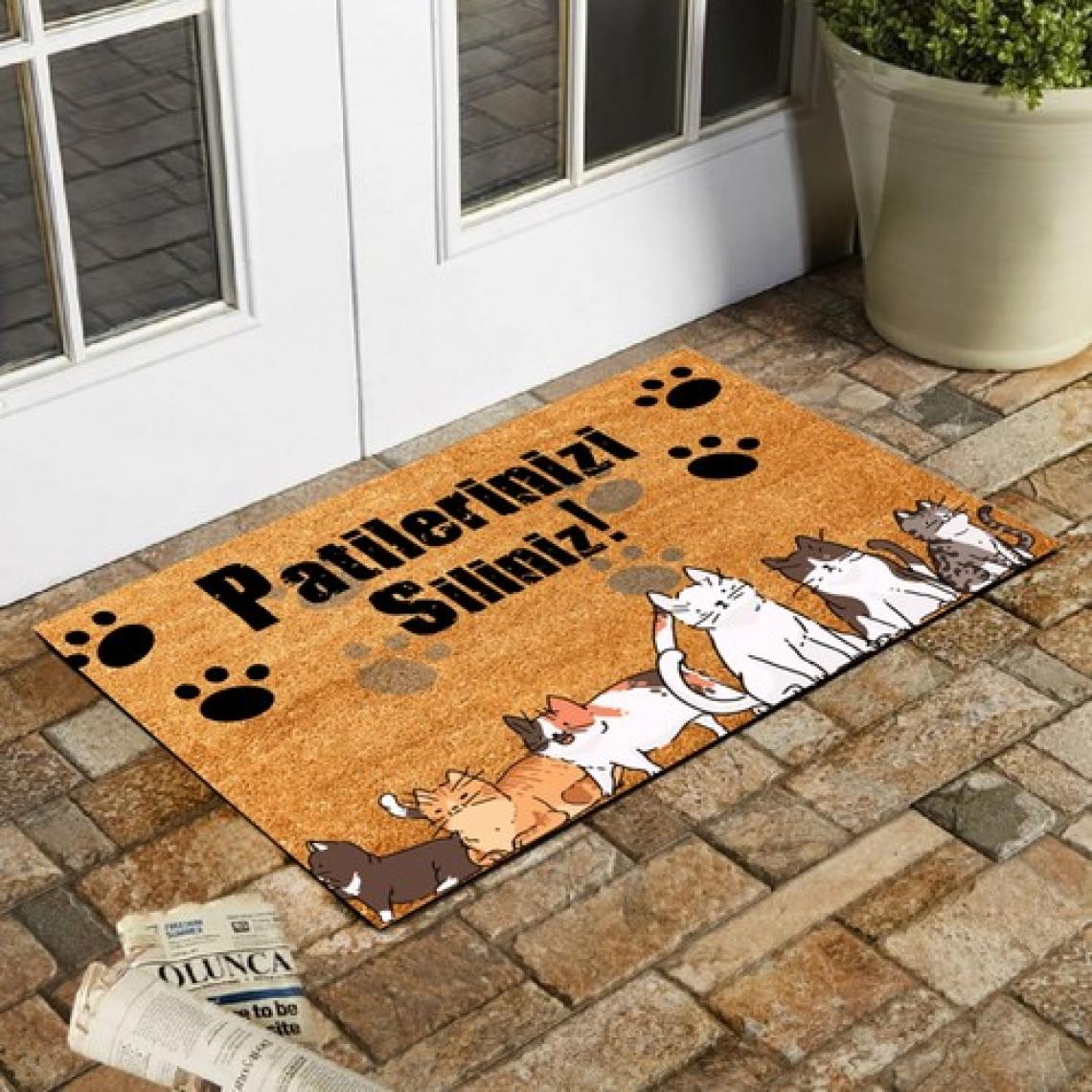 Esnature Kedili Kedi Desenli Patilerinizi Silin Yazılı Kapı Önü Paspası 45X70 cm