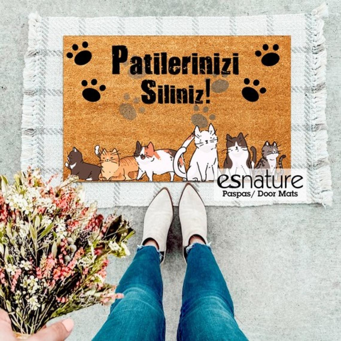 Esnature Kedili Kedi Desenli Patilerinizi Silin Yazılı Kapı Önü Paspası 45X70 cm