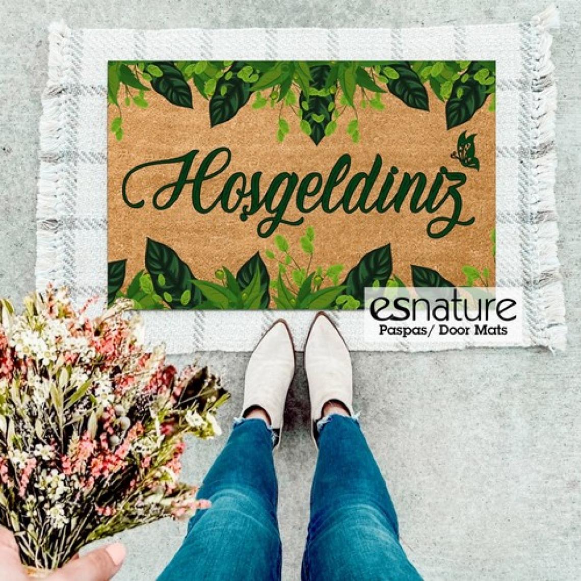 Esnature Yeşil Sarmaşık Yaprak Desenli Hoşgeldiniz Yazılı Kapı Önü Paspası 45X70 cm