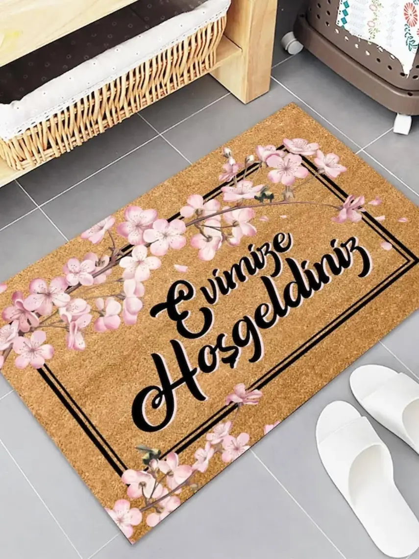 Esnature Evimize Hoşgeldiniz Japon Kiraz Çiçeği Desenli Kapı Önü Paspası 45X70 cm