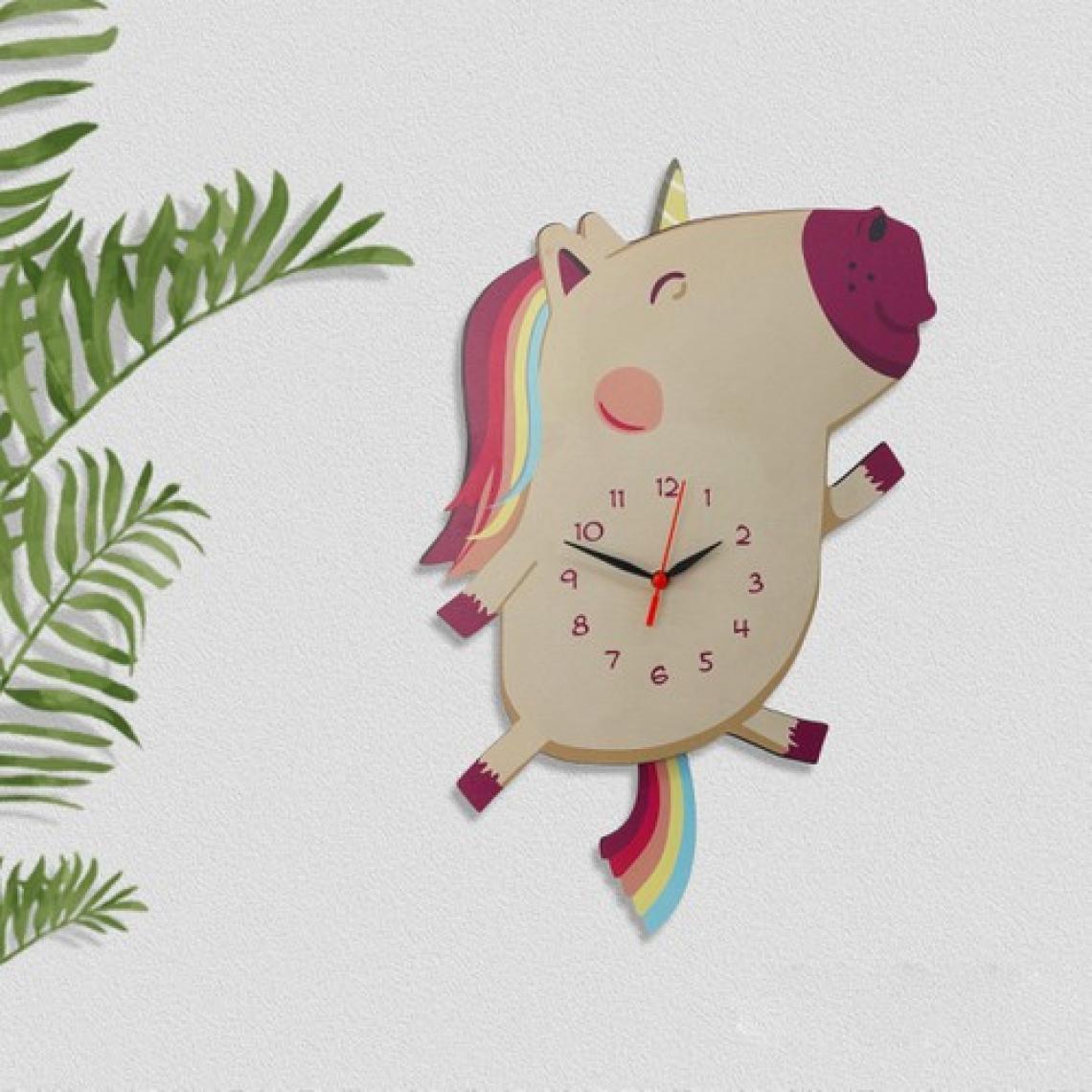 CajuArt Ahşap Sallanan Sarkaçlı Unicorn Çocuk Odası Duvar Saati
