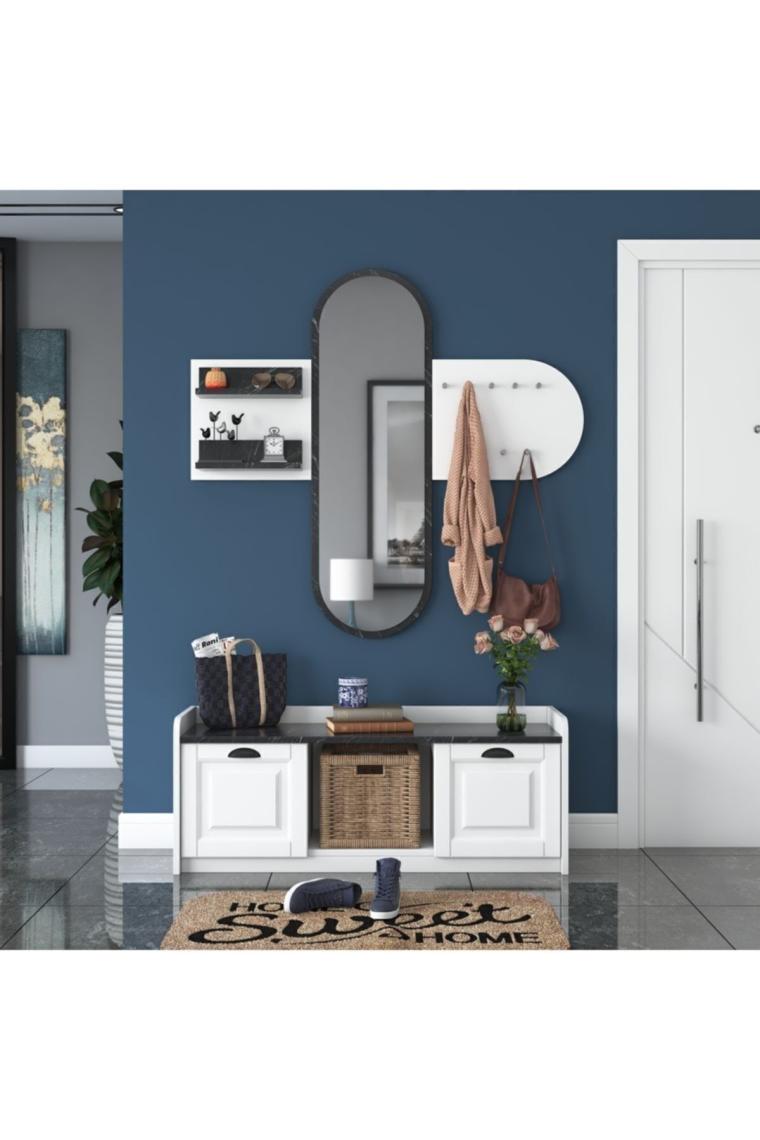 Rani Ee101 Aynalı Vestiyer Modern Portmanto Duvar Askısı Ayakkabılık Beyaz Mermer Desenli