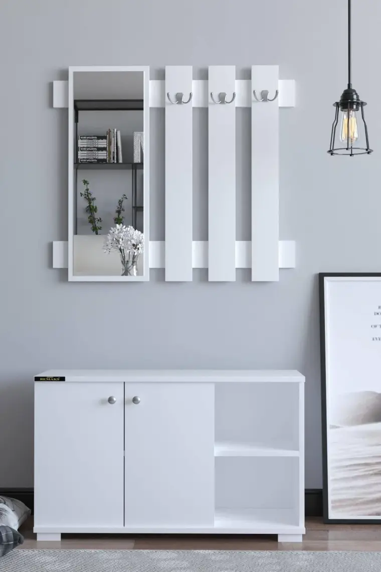 Remaks Plus Aynalı Vestiyer Ayakkabılık Portmanto ve Duvar Askısı - Beyaz / Beyaz