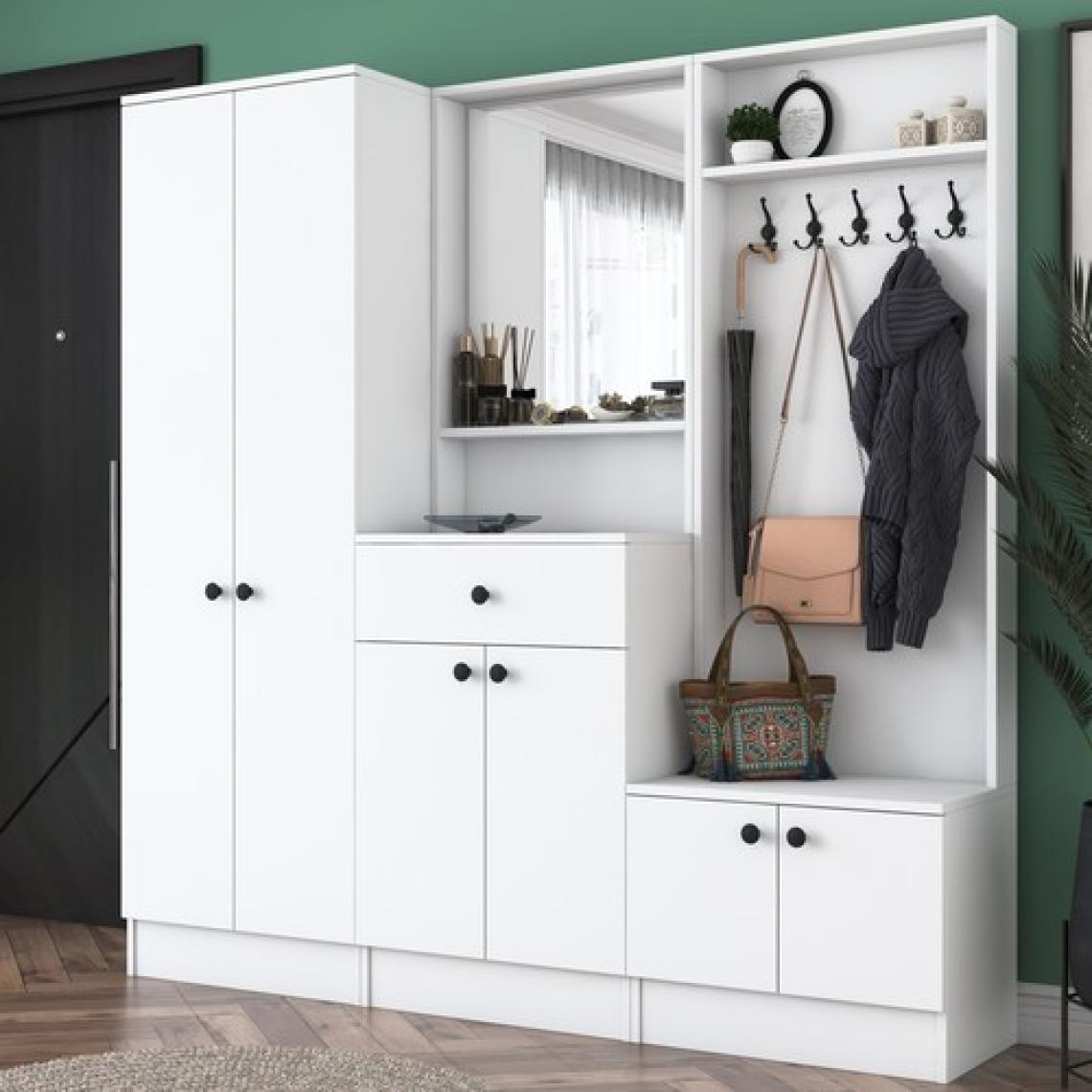 Rani P6 Modern Çekmeceli Aynalı Portmanto Ayakkabılık Vestiyer Beyaz M2