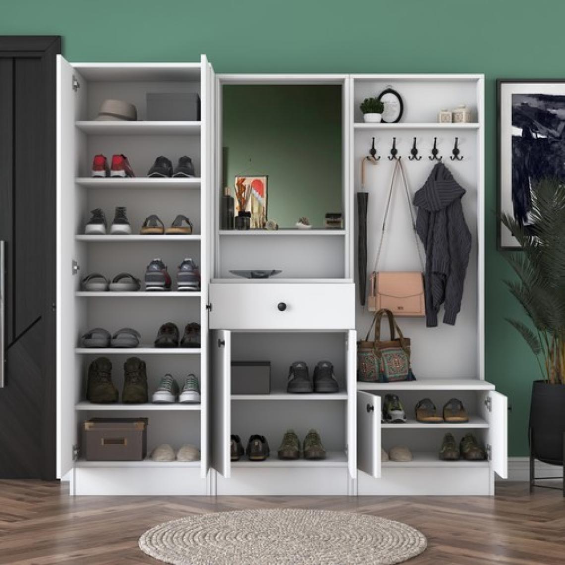 Rani P6 Modern Çekmeceli Aynalı Portmanto Ayakkabılık Vestiyer Beyaz M2