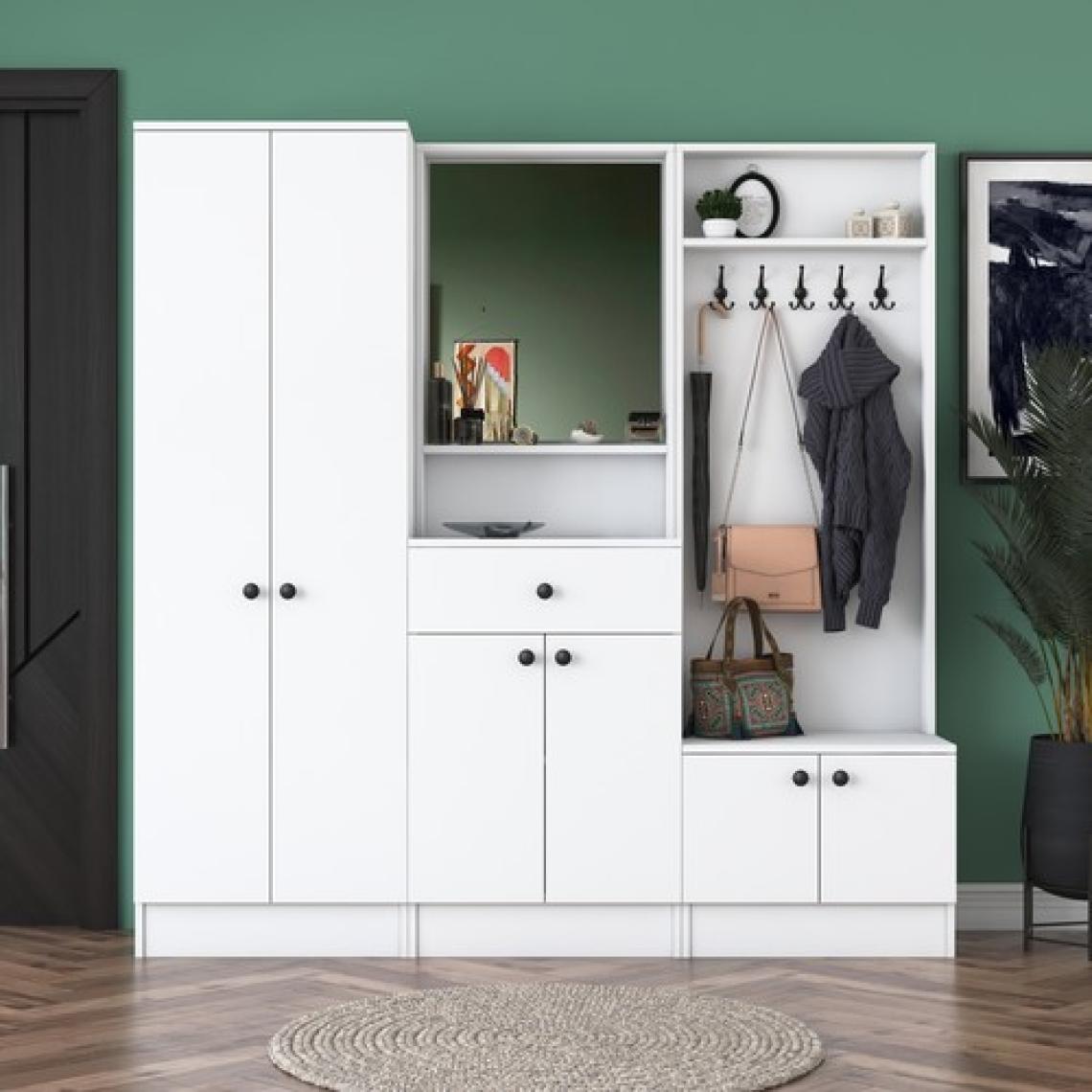 Rani P6 Modern Çekmeceli Aynalı Portmanto Ayakkabılık Vestiyer Beyaz M2