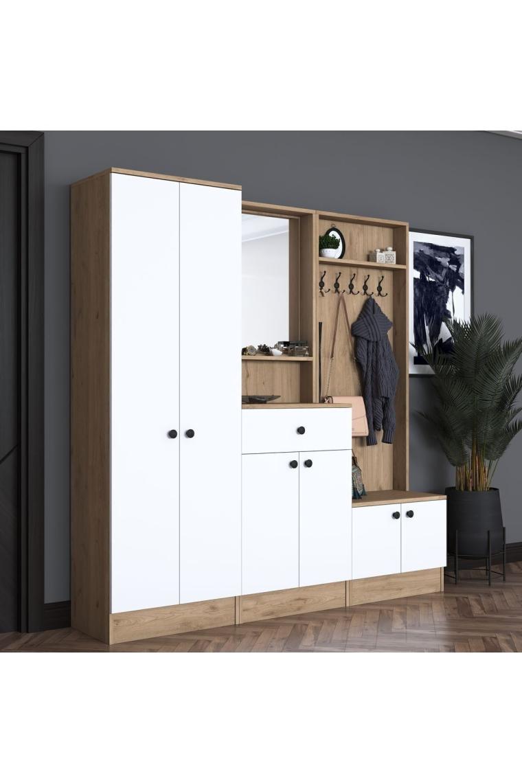 Rani P6 Modern Çekmeceli Aynalı Raflı Portmanto Ayakkabılık Vestiyer Sepet Ceviz - Beyaz M2