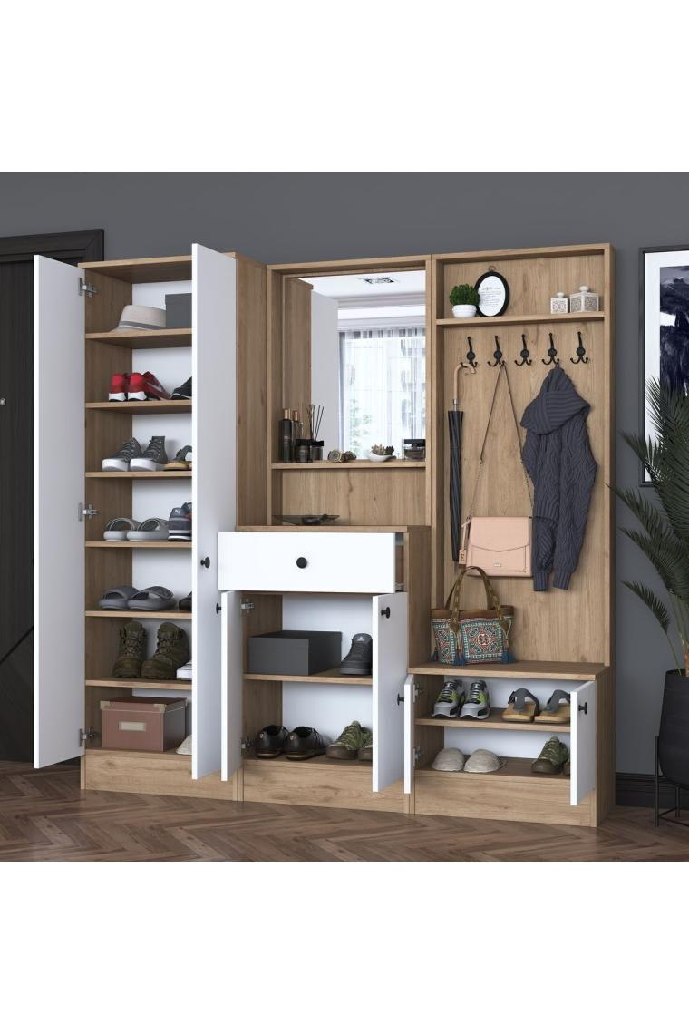 Rani P6 Modern Çekmeceli Aynalı Raflı Portmanto Ayakkabılık Vestiyer Sepet Ceviz - Beyaz M2