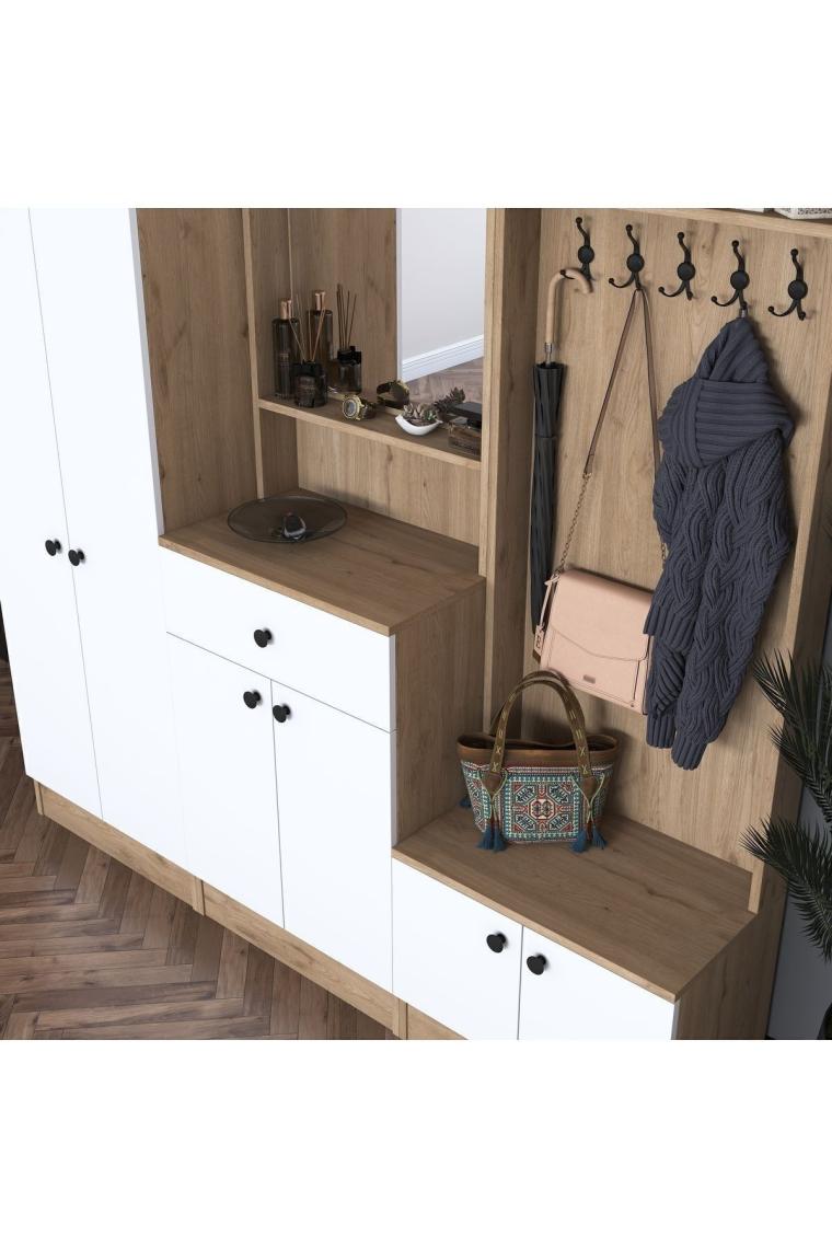 Rani P6 Modern Çekmeceli Aynalı Raflı Portmanto Ayakkabılık Vestiyer Sepet Ceviz - Beyaz M2