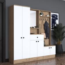 Rani P6 Modern Çekmeceli Aynalı Raflı Portmanto Ayakkabılık Vestiyer Sepet Ceviz - Beyaz M2