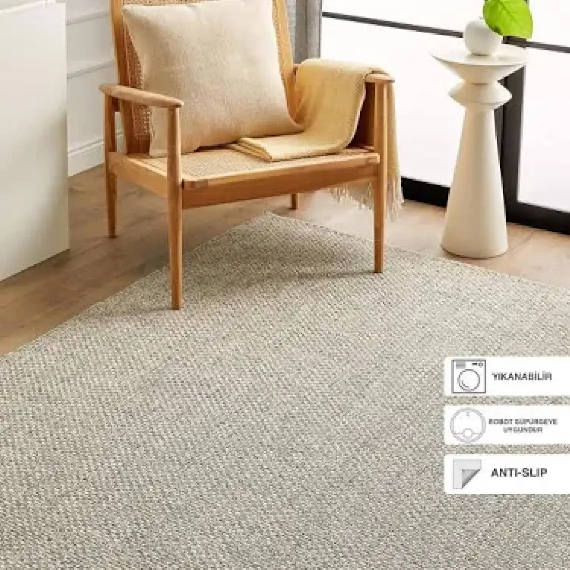 Ocean Home Textile Yıkanabilir Jüt Görünümlü Gri Renk Hasır Desenli Halı Kilim 160 x 230 cm