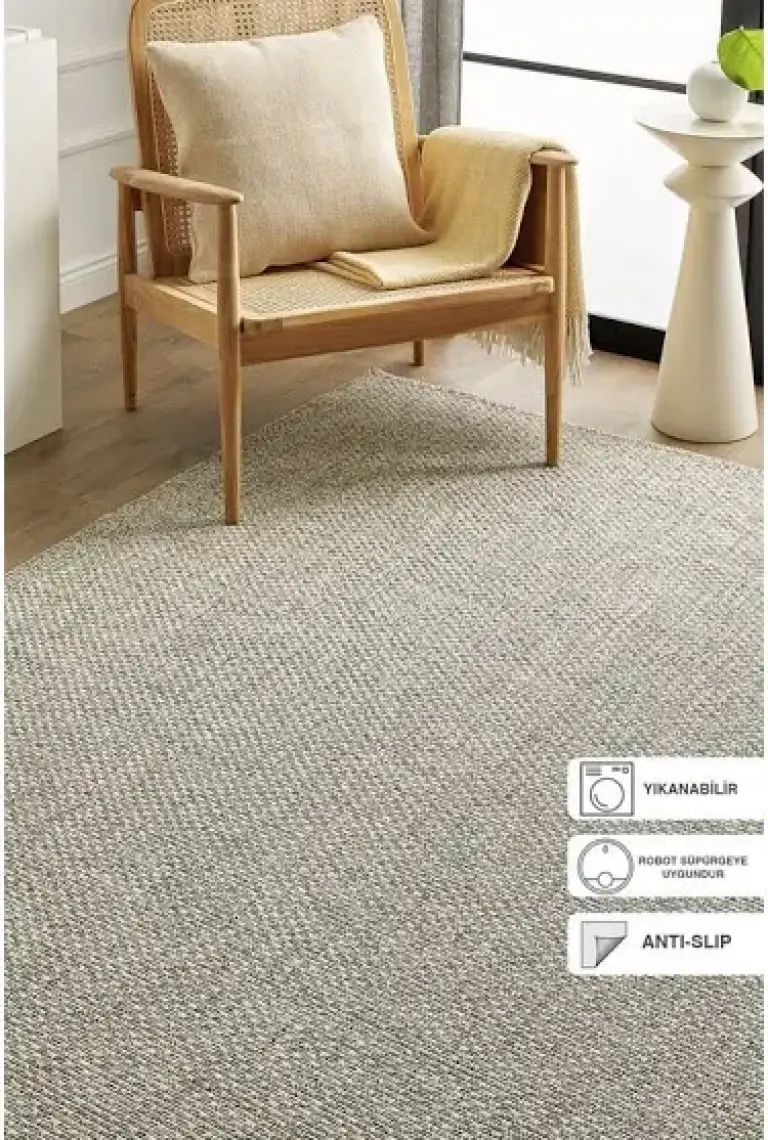 Ocean Home Textile Yıkanabilir Jüt Görünümlü Gri Renk Hasır Desenli Halı Kilim 160 x 230 cm