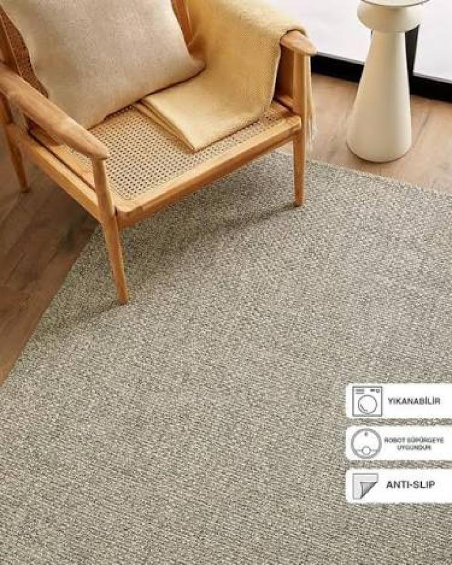 Ocean Home Textile Yıkanabilir Jüt Görünümlü Gri Renk Hasır Desenli Halı Kilim 120 x 180 cm