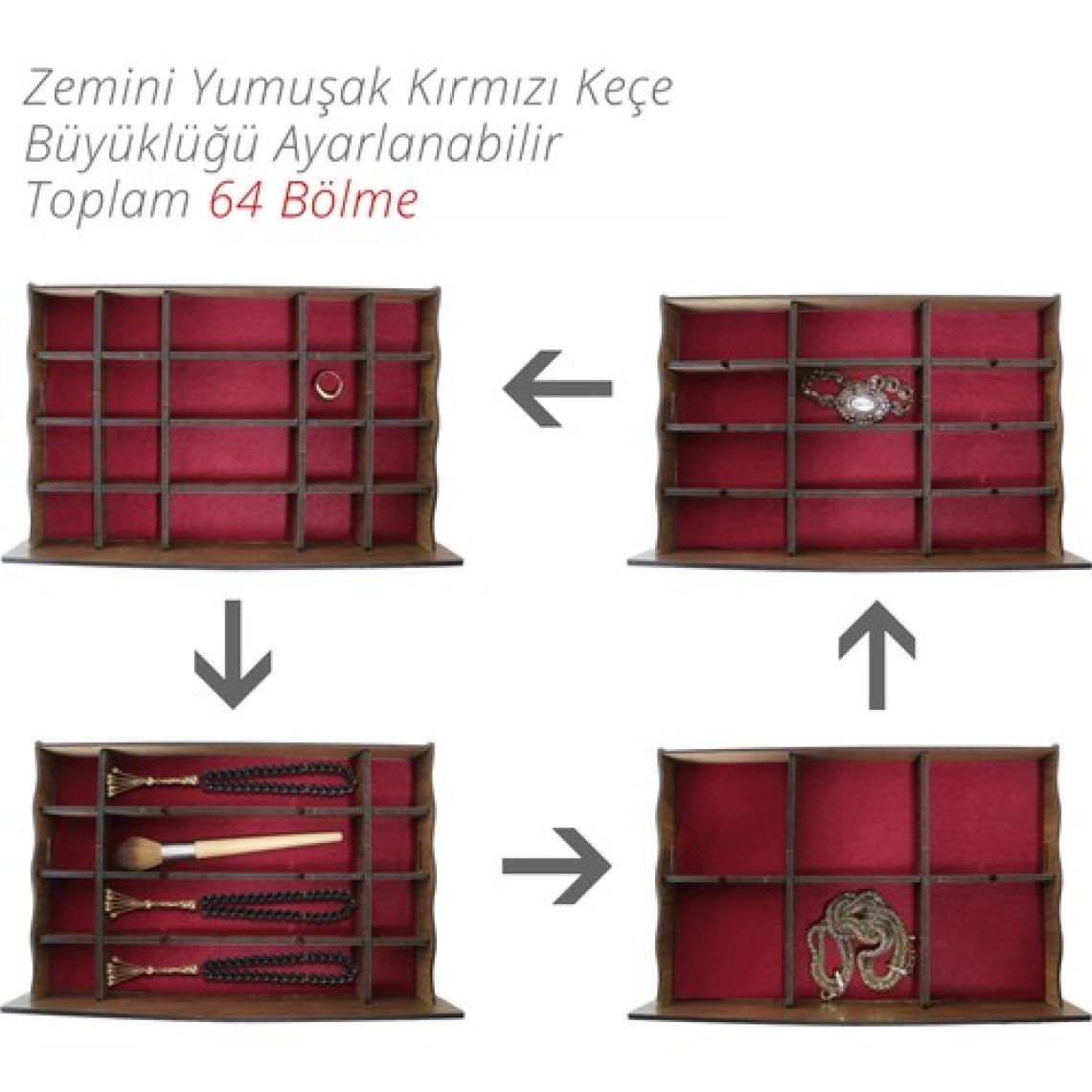 Design Otto Luna 64 Bölmeli Ahşap Kozmetik Makyaj Kolye Küpe Yüzük Takı Koleksiyon Saat Dikiş Aksesuar Tespih Kutusu Çok Amaçlı Düzenleyici Organizer