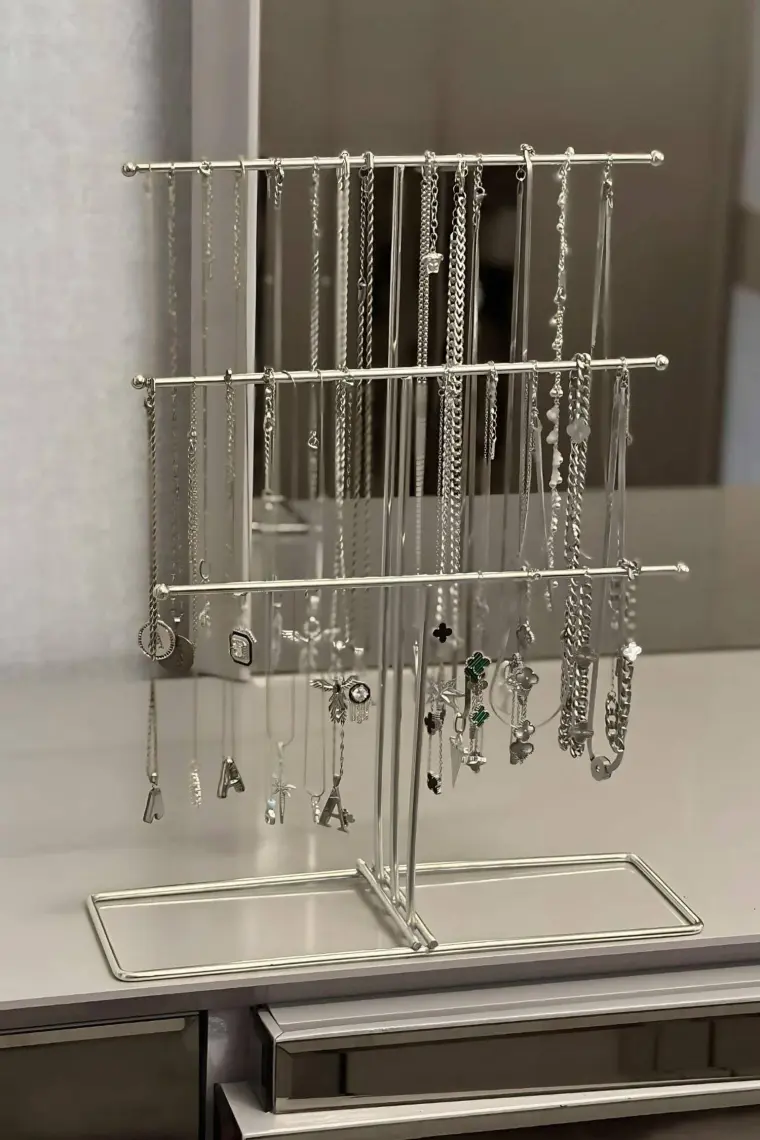 Lüks Gümüş Kaplama Takı Organizeri – Paslanmaz Çelik, 30X10X40 cm