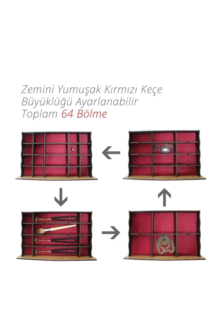 Design Otto Luna 64 Bölmeli Ahşap Kozmetik Makyaj Kolye Küpe Yüzük Takı Koleksiyon Saat Dikiş Aksesuar Tespih Kutusu Çok Amaçlı Düzenleyici Organizer