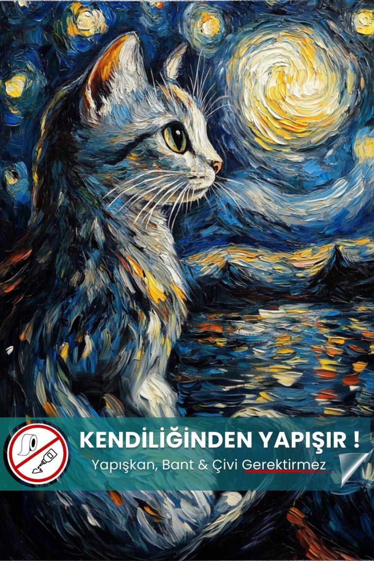 Pi Papers Yıldızlı Gece Kedi Posteri, Akıllı Kağıt Premium Eşsiz Tasarım Poster, Van Gogh Tablo,duvar Posteri