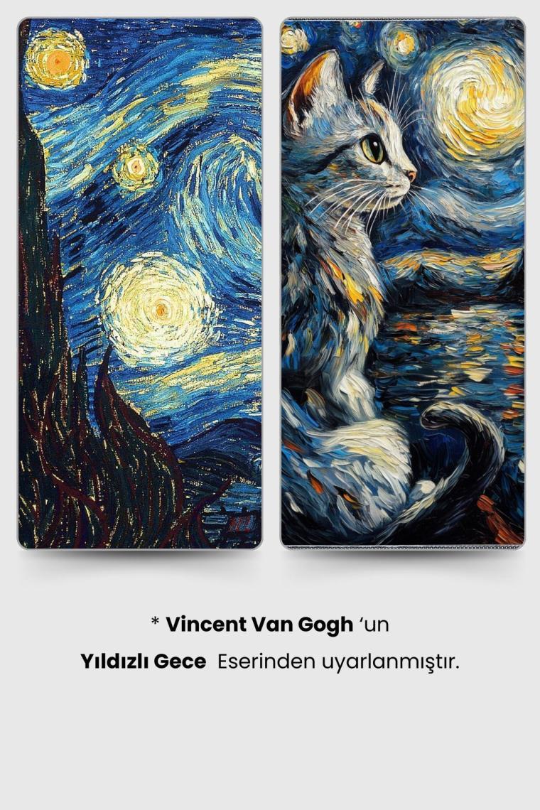Pi Papers Yıldızlı Gece Kedi Posteri, Akıllı Kağıt Premium Eşsiz Tasarım Poster, Van Gogh Tablo,duvar Posteri