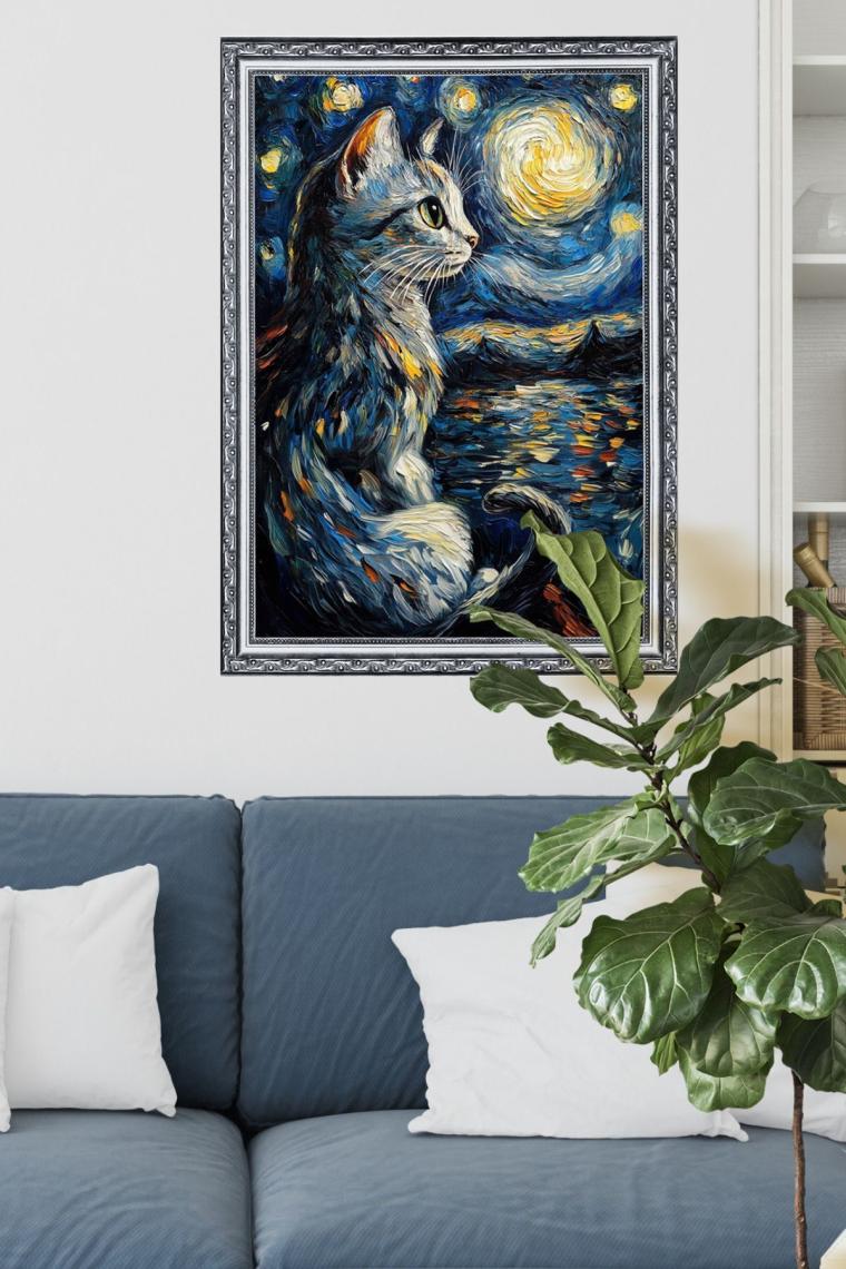Pi Papers Yıldızlı Gece Kedi Posteri, Akıllı Kağıt Premium Eşsiz Tasarım Poster, Van Gogh Tablo,duvar Posteri