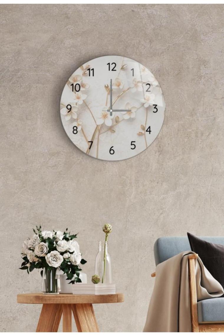 Çap 27 Cm Yapay Güller Dekoratif Cam Saat