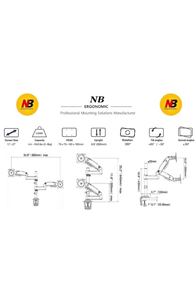 Nb Ergonomic Nb H180 17"-27" Çift Kol Amortisörlü Monitör Kolu 2-9 Kg Monitör Standı