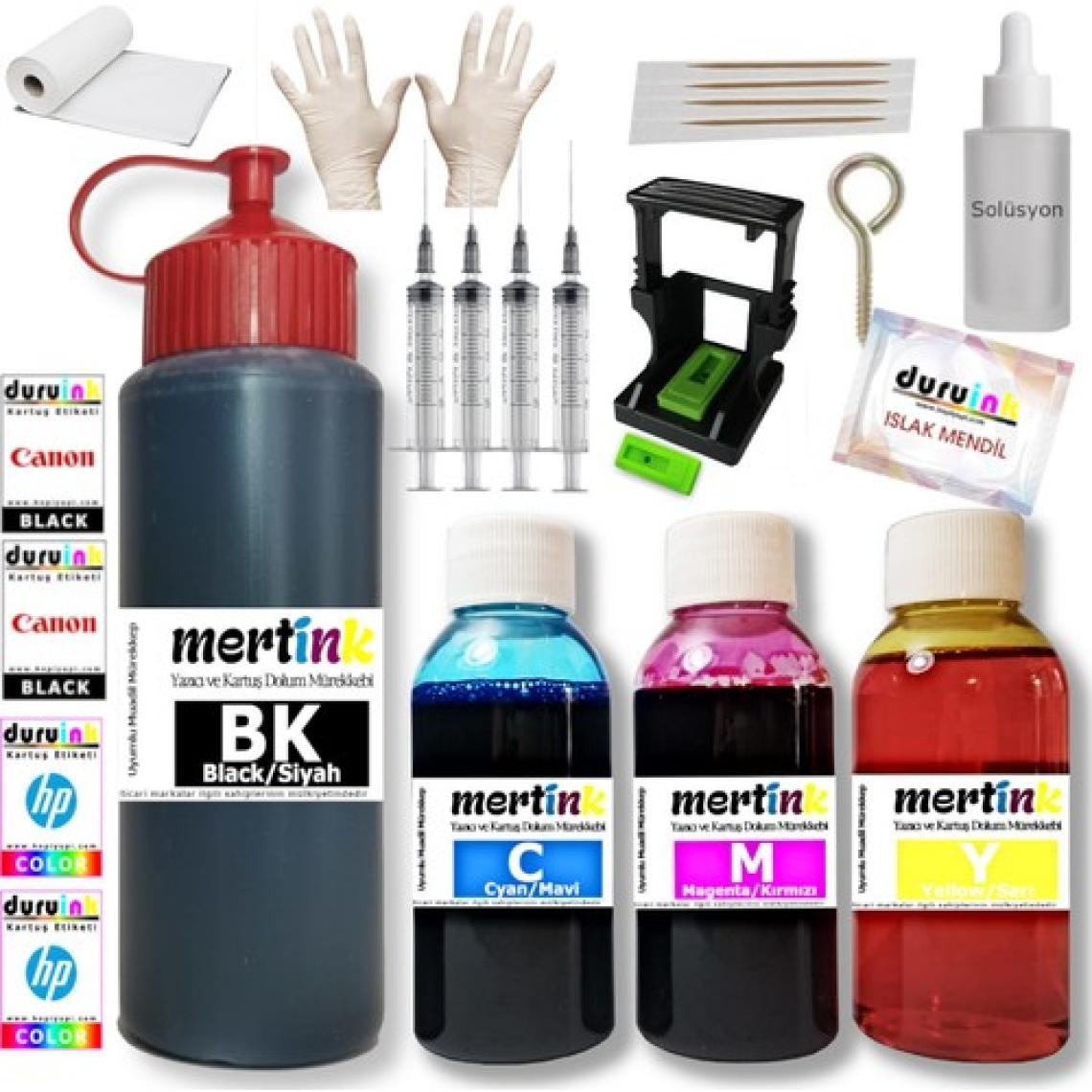 Mertink Canon Pixma E414 PG46 CL56 Yazıcı Uyumlu Kartuş Dolum Seti 500ML SİYAH+3X100ML Renkli Mürekkep
