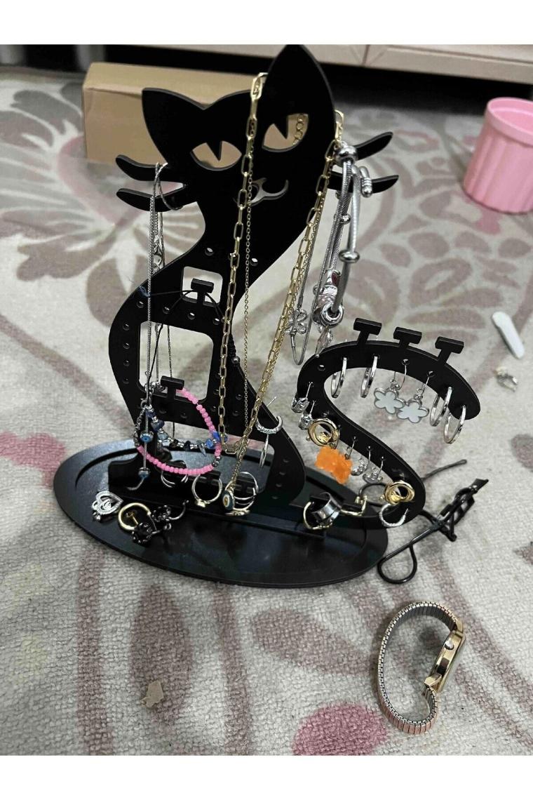 Takı Standı Kedi Figürlü Takı Küpe Standı Ahşap Takı Kutusu