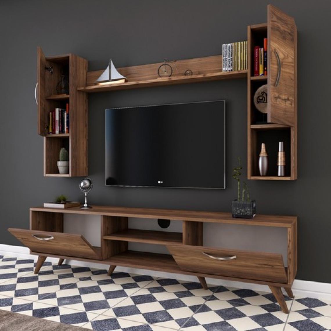 Rani A9 Duvar Raflı Tv Ünitesi Kitaplıklı Tv Sehpası Duvara Monte Raflı Modern Ayaklı 180 cm Minyatür Ceviz M27
