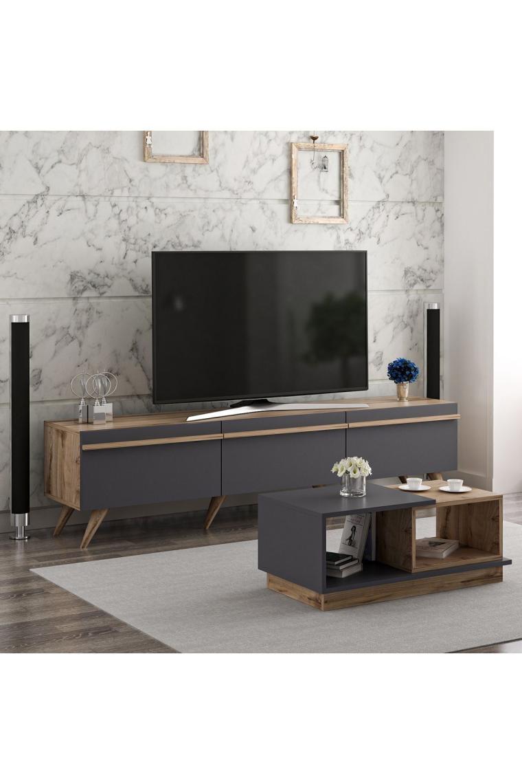 İnarch Dizayn Amsterdam Tv Ünitesi Concept Orta Sehpa Takım Antrasit/Kilim