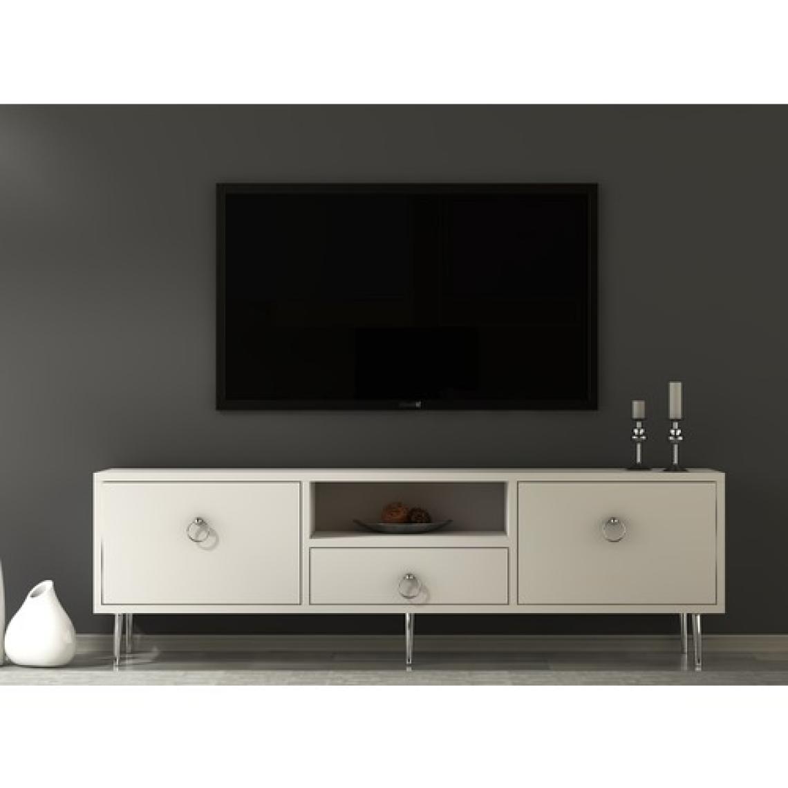 Cantek Dizayn Droop Tv Ünitesi 2 Kapaklı, Raflı ve Çekmeceli Beyaz-Gümüş