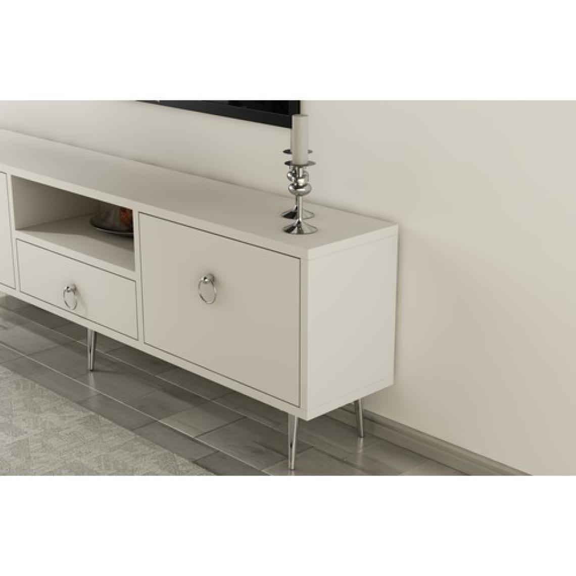 Cantek Dizayn Droop Tv Ünitesi 2 Kapaklı, Raflı ve Çekmeceli Beyaz-Gümüş