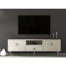 Cantek Dizayn Droop Tv Ünitesi 2 Kapaklı, Raflı ve Çekmeceli Beyaz-Gümüş