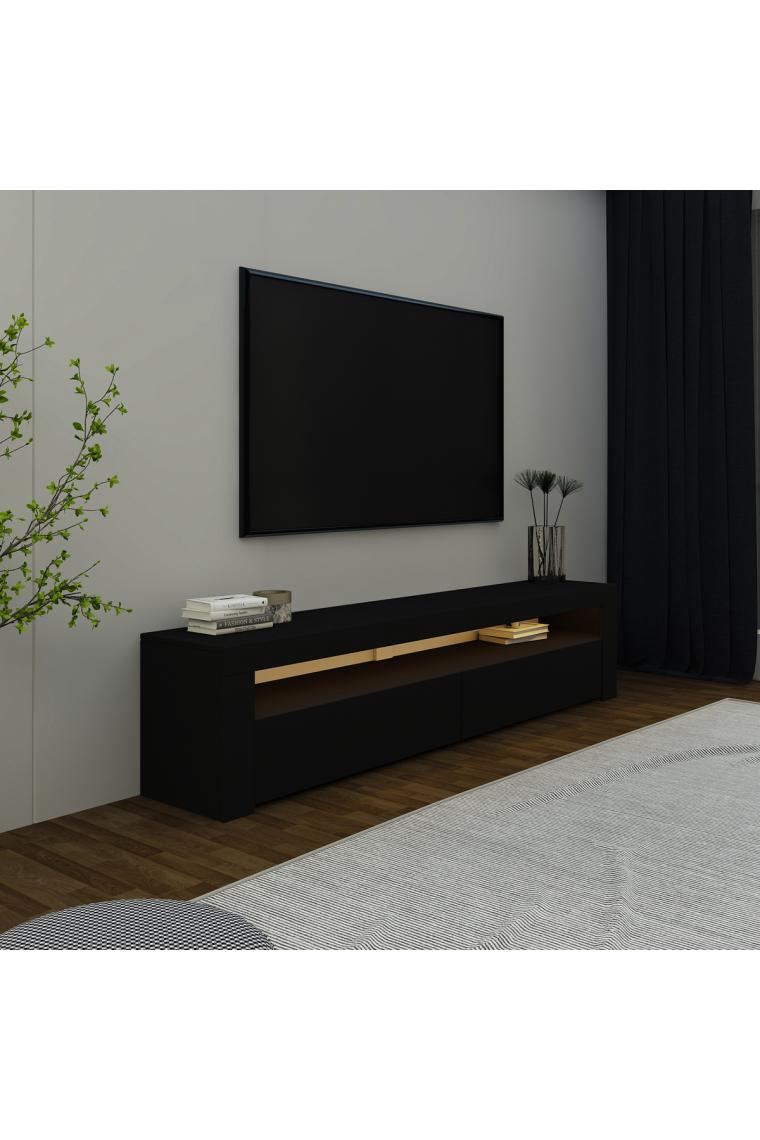 İnarch Dizayn Batı LED Işıklı 2 Kapaklı Tv Ünitesi Tv Sehpası Ahşap Siyah