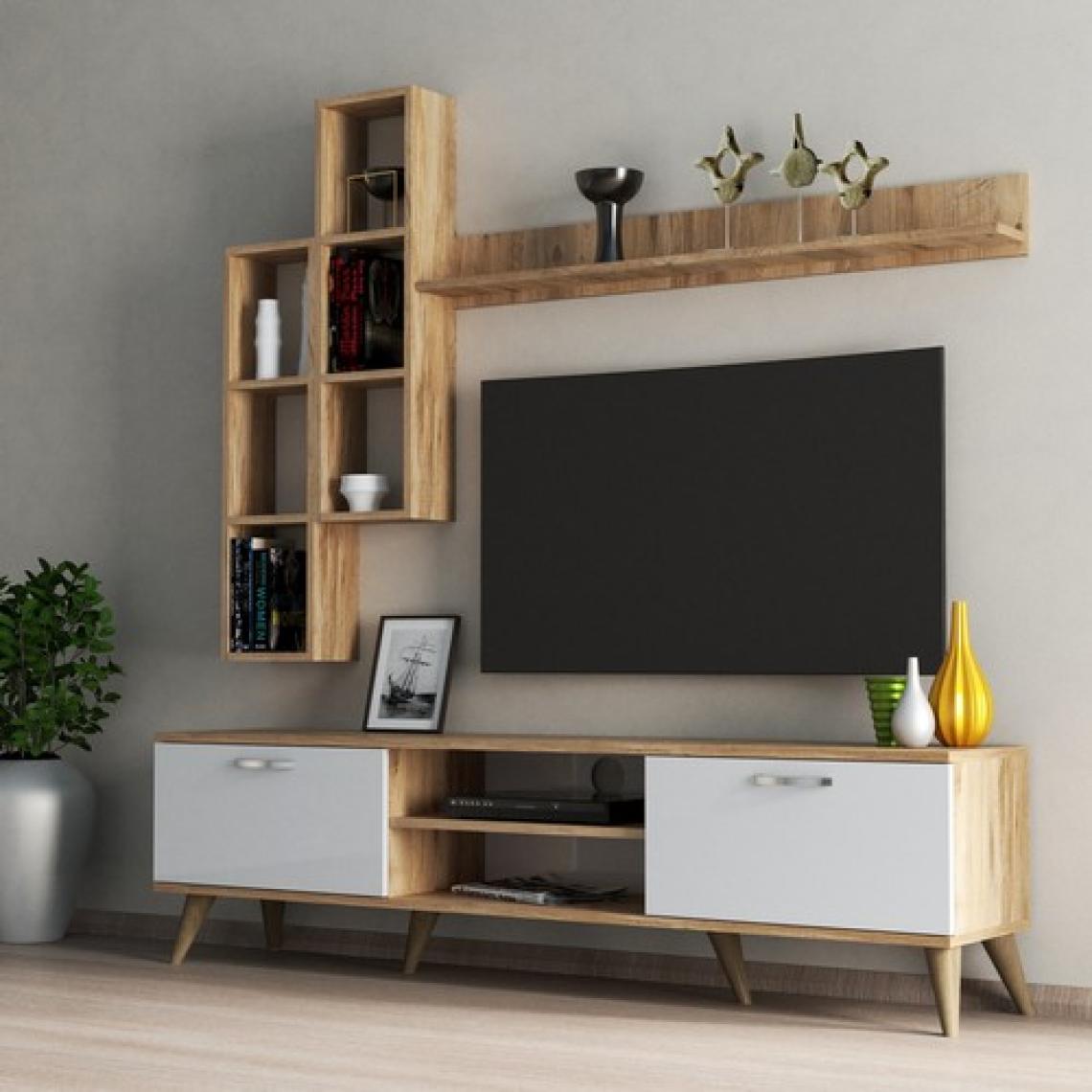 Tanmob Mega 180'li Kitaplıklı Raflı Tv Ünitesi Çam-Beyaz  - TVU0303