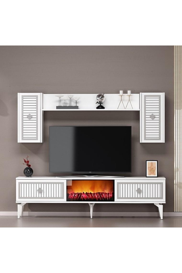 Cantek Dizayn Flame Şömineli Tv Ünitesi Takımı Beyaz-Gümüş