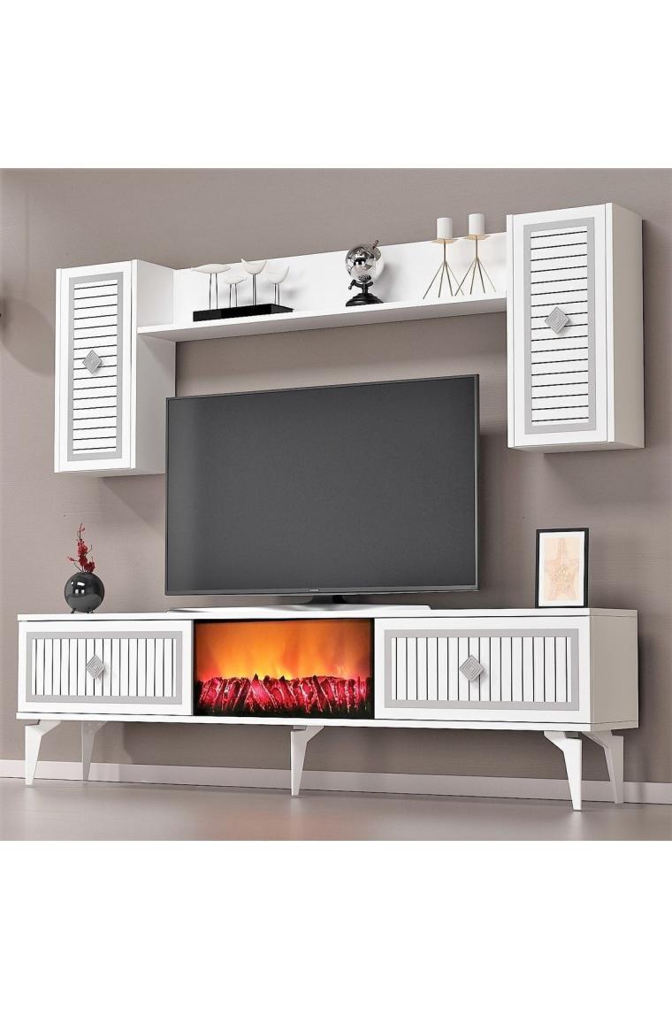Cantek Dizayn Flame Şömineli Tv Ünitesi Takımı Beyaz-Gümüş