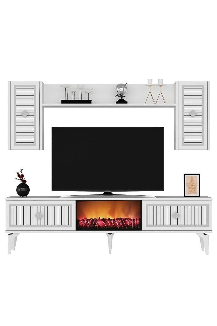 Cantek Dizayn Flame Şömineli Tv Ünitesi Takımı Beyaz-Gümüş