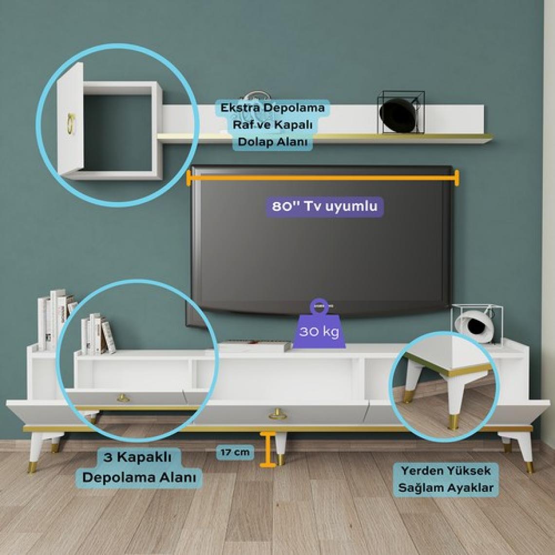 Bimossa E4510 Vesta Tv Ünitesi Beyaz Gold Detaylı