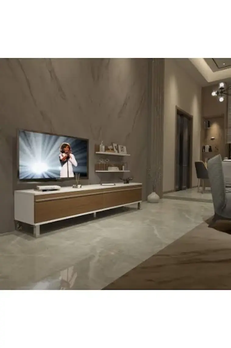 Decoraktiv Eko 4 Mdf Std Krom Ayaklı Tv Ünitesi Tv Sehpası Beyaz Ceviz