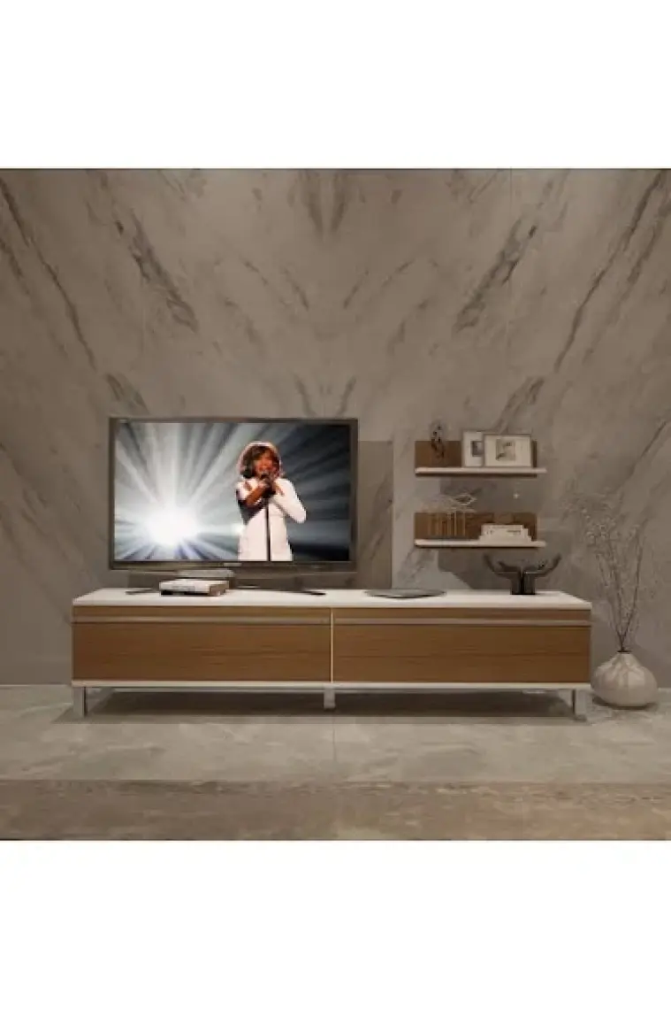 Decoraktiv Eko 4 Mdf Std Krom Ayaklı Tv Ünitesi Tv Sehpası Beyaz Ceviz