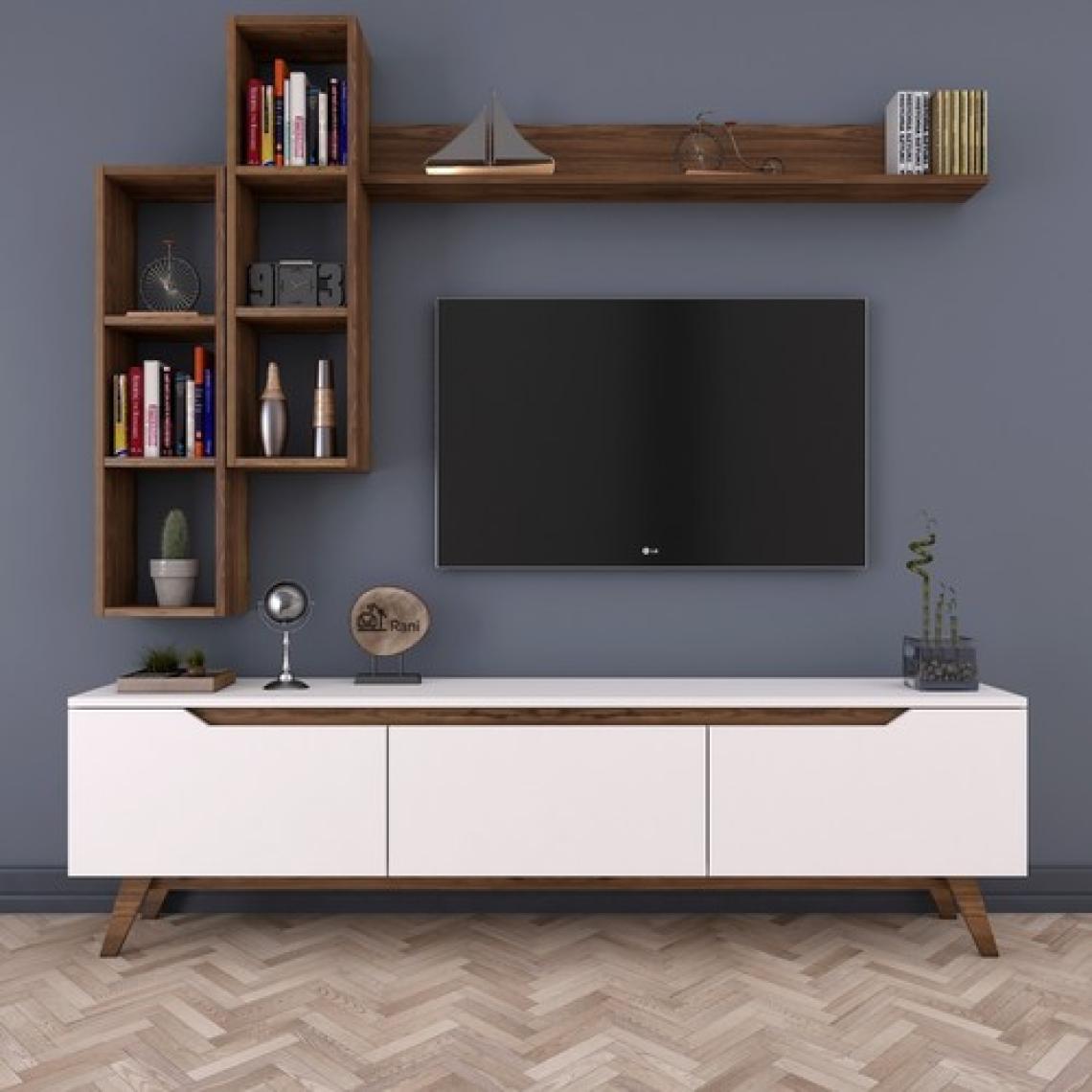 Rani D1 Duvar Raflı Tv Ünitesi Kitaplıklı Tv Sehpası Duvara Monte Raflı Modern Ayaklı 180 cm Beyaz - Minyatür Ceviz M16