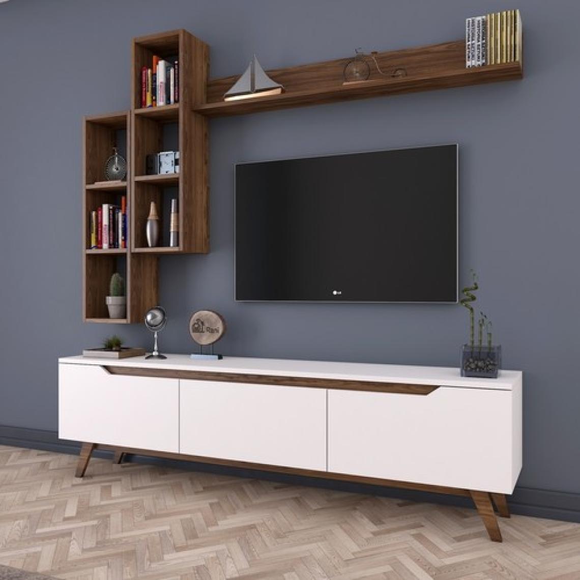 Rani D1 Duvar Raflı Tv Ünitesi Kitaplıklı Tv Sehpası Duvara Monte Raflı Modern Ayaklı 180 cm Beyaz - Minyatür Ceviz M16