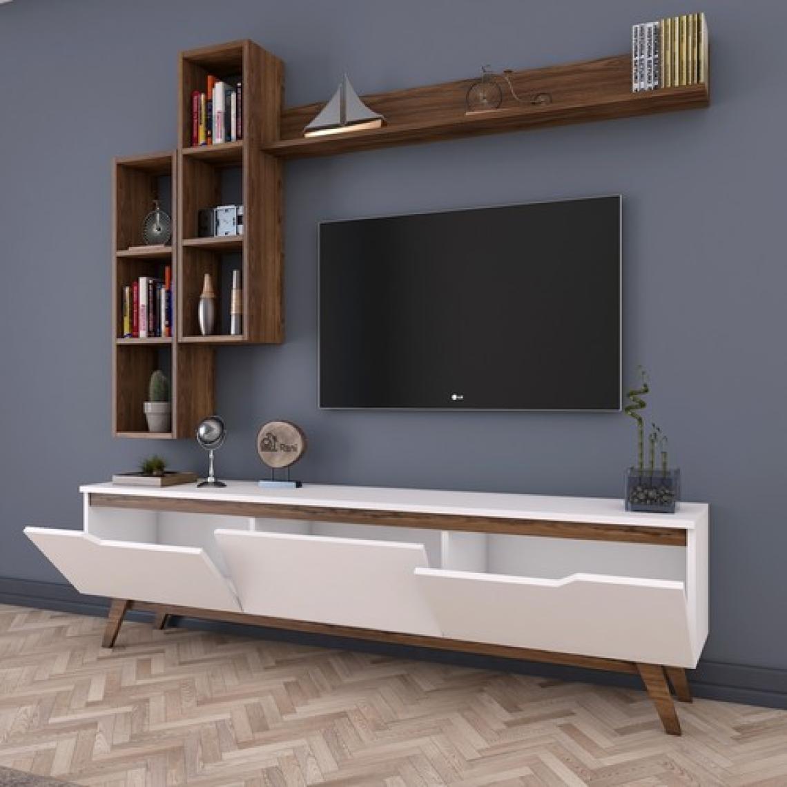 Rani D1 Duvar Raflı Tv Ünitesi Kitaplıklı Tv Sehpası Duvara Monte Raflı Modern Ayaklı 180 cm Beyaz - Minyatür Ceviz M16