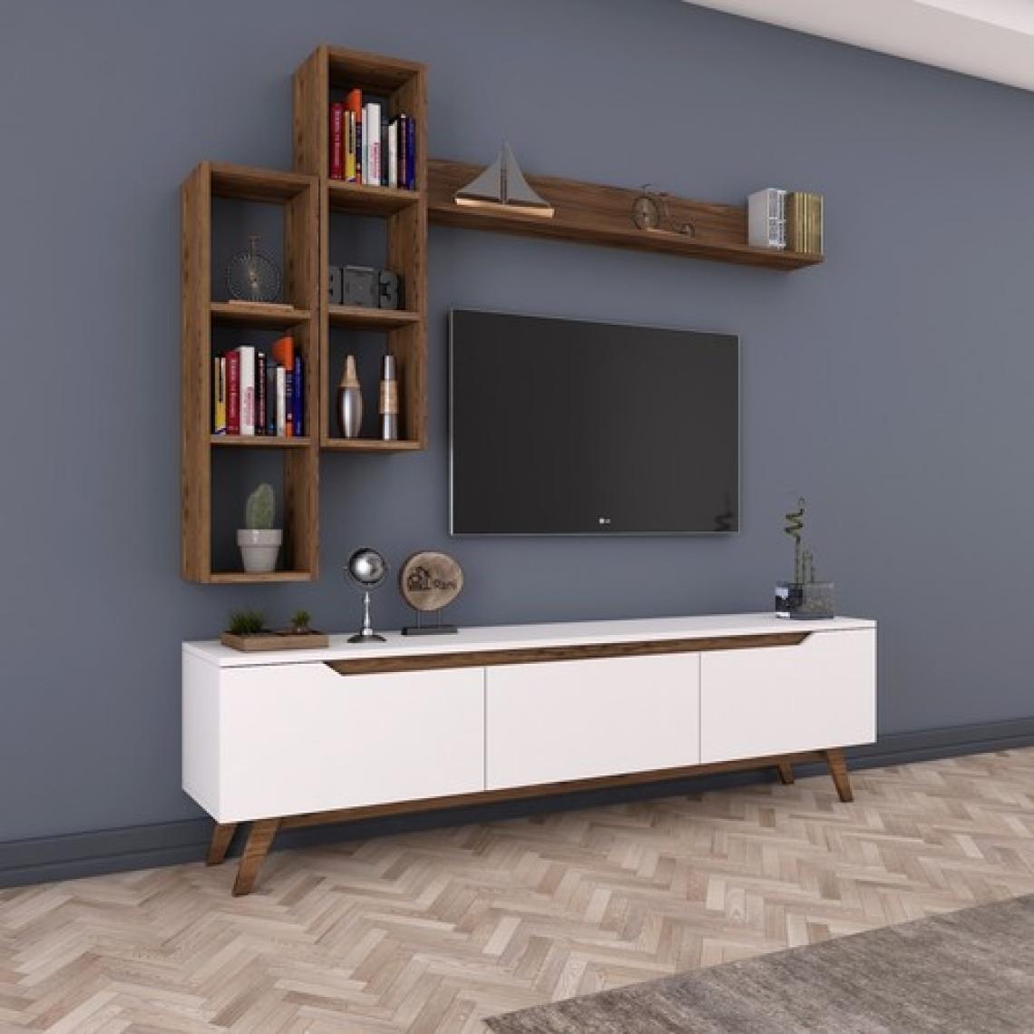 Rani D1 Duvar Raflı Tv Ünitesi Kitaplıklı Tv Sehpası Duvara Monte Raflı Modern Ayaklı 180 cm Beyaz - Minyatür Ceviz M16