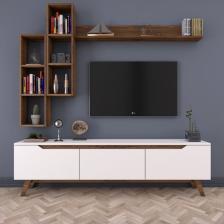 Rani D1 Duvar Raflı Tv Ünitesi Kitaplıklı Tv Sehpası Duvara Monte Raflı Modern Ayaklı 180 cm Beyaz - Minyatür Ceviz M16